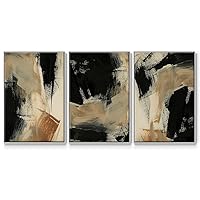 Abstract 3 Piece Wall Art White Floater Frame Prints Rustic Black Brown Paint Brushstroke Canvas Home Decor Paintings for Bedroom Office Kitchen - 24