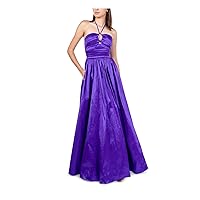 B Darlin Womens Purple Pleated Tie Taffeta Keyhole Front Lined Sleeveless Halter Prom Gown Dress Juniors 0