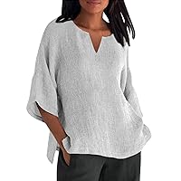 Womens 3/4 Sleeve Tops Summer V Neck Linen Shirts Quarter Sleeve T Shirts Plus Size Tunics Casual Beach Tee Blouse