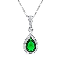 Bling Jewelry Blue Simulated Sapphire CZ Halo Solitaire Teardrop Pear Shape Pendant Necklace For Women .925 Sterling Silver