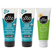 All Good Sport Mineral Sunscreen & Aloe Gel Bundle - UVA/UVB Broad Spectrum SPF 30+, Water Resistant - Includes (2) SPF 30 Sport Sunscreen and (1) Aloe Gel