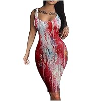Formal Dresses for Women Square Neck Casual Print Dress Summer Sexy Independence Day 2024 Sleeveless Loose Maxi Dress