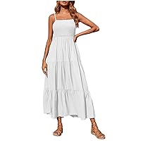 Women's Summer Casual Sleeveless Dress Smocked Tiered Swing A Line Boho Beach Spaghetti Strap Flowy Long Dresses (5X-Large, White)
