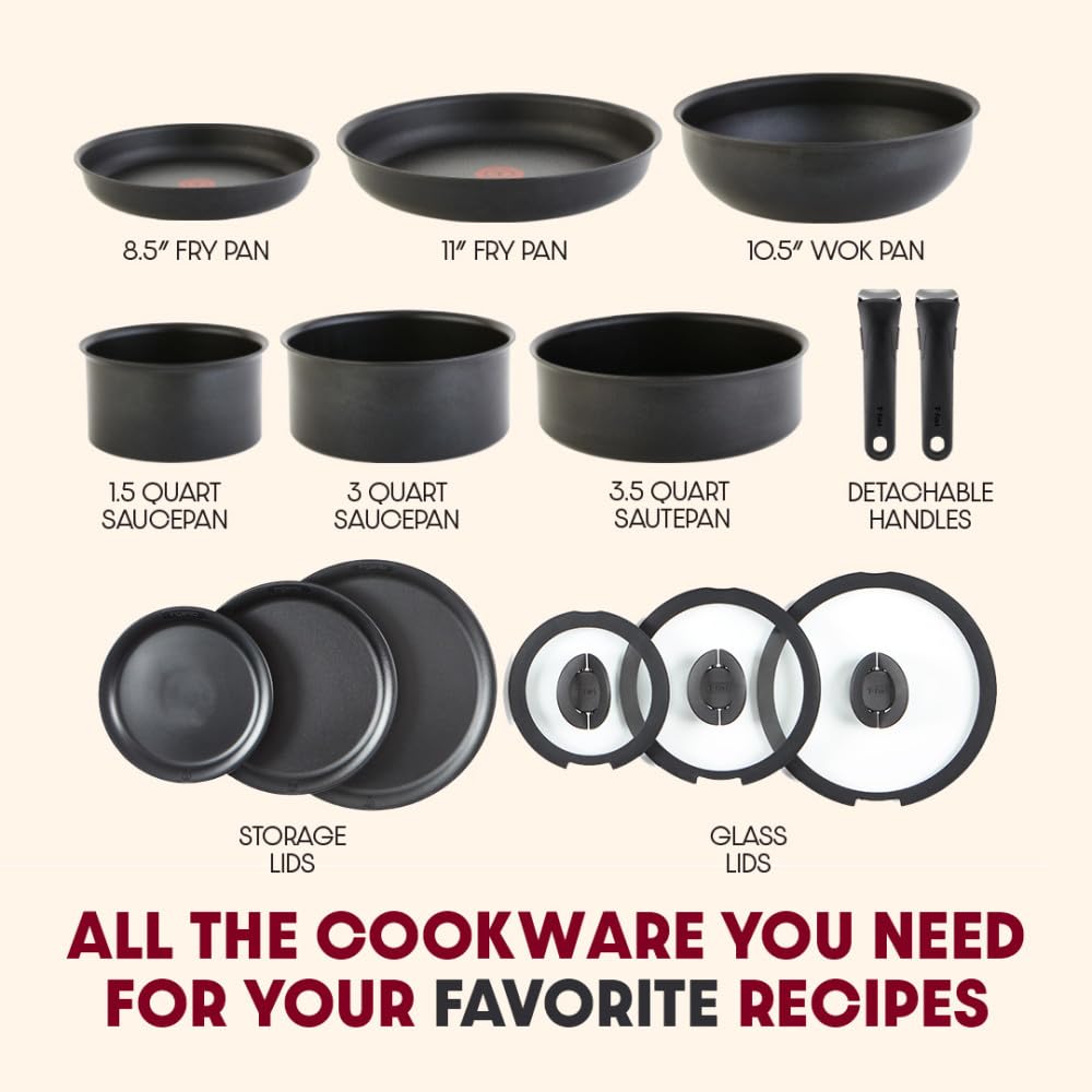 T-fal Ingenio Nonstick Cookware Set 14 Piece Induction Stackable, Detachable Handle, Removable Handle, RV Cookware, Cookware, Pots and Pans, Oven, Broil, Dishwasher Safe, Onyx Black