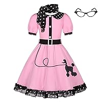 50s Costumes for Girls 1950s Pink Poodle Cutie Costumes with Eye Glasses and Scarf for Kids
