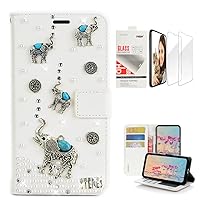 STENES Bling Wallet Phone Case Compatible with LG Stylo 6 - Stylish - 3D Handmade Retro Elephant Glitter Magnetic Wallet Leather Cover with Screen Protector [2 Pack] - White