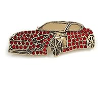 Vintage Inspired Red Crystal Racing Car Brooch in Gold Tone - 55mm Across