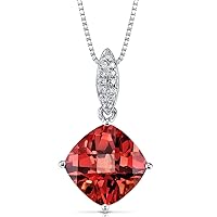 PEORA Created Padparadscha and Genuine Diamond Pendant for Women 14K White Gold, 4.50 Carats, 9mm Cushion Cut, with 18 inch Chain