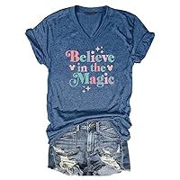 Woxlica Believe in The Magic Shirt Letter Print Graphic Shirt for Women Vacation Top