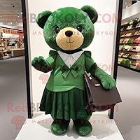 Forest Green Teddy Bear mascot costume character dressed with a Wrap Skirt and Wallets