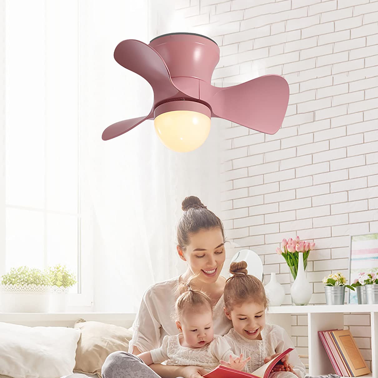 SEYFI Reversible Fan with Ceiling Light and Remote Control Kids 6 Speeds Bedroom Led Dimmable Fan Ceiling Light with Timer Modern Living Roomt Ceiling Fan Light/Pink