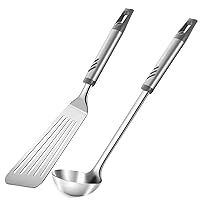 Fish Spatula Stainless Steel Slotted Turner, 2 oz Soup Ladle for Serving and Cooking, Durable Construction, 13.4 inch, Silver