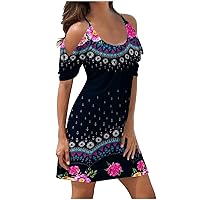 Prime of Sales Today Summer Dresses for Women 2024 Cold Shoulder Short Sleeve A-Line Casual T-Shirt Dress Plus Size Swing Cute Mini Dress
