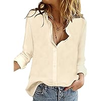 SAOVERE Womens V Neck Button Down Linen Shirts Long Sleeve Blouses Roll Up Casual Work Plain Solid Tops