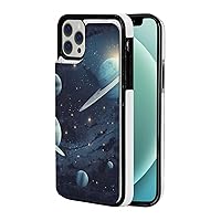 Moon Stars and Planets Printed Wallet Case for iPhone 12 Case, Pu Leather Wallet Case with Card Holder, Shockproof Phone Cover for iPhone 12 Case 6.1