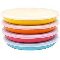 WeeSprout Bamboo, Silicone, Melamine Dishware Plate with Lids, Set of 4, Kid-Sized Design for Leftovers, Dishwasher Safe (Blue, Yellow, Orange, and Red)