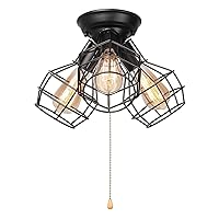 LALUZ Farmhouse Semi Flush Mount Ceiling Light Fixture, 3-Light Oil Black Pull String Industrial Cage Ceiling Light Fixture for Bedroom, Hallway, Kitchen, Dining & Living Room, Foyer and Bathroom