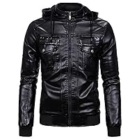 Mens Leather Motorcycle Jacket With Removable Hood Thicken Warm Fleece Lined Winter Coat Windproof Bomber Jackets