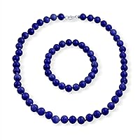 Classic Elegant Simulated Blue Lapis Lazuli Turquoise Color 7MM Ball Beads Strand Necklace Stretch Bracelet Set Western Jewelry For Women .925 Silver Clasp