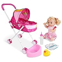 4pcs Baby Doll Stroller, Foldable Pram Gift Set with Baby Doll Cartoon Printing Design Baby Stroller with Gift for Dolls Baby Doll Stroller (Rainbow Car) Prams & Strollers