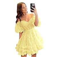 Off Shoulder Homecoming Dress Short Puffy Tulle Prom Dress Sweetheart Cocktail Party Gowns BU137