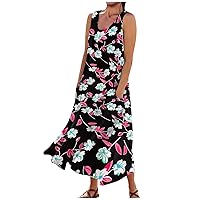 Womens Maxi Dresses for Summer Casual Comfortable Floral Print Sleeveless Cotton Pocket Dress