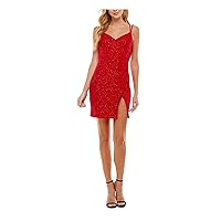 Womens Red Sequined Slitted Zippered Strappy Back Sleeveless V Neck Short Party Body Con Dress Juniors 13