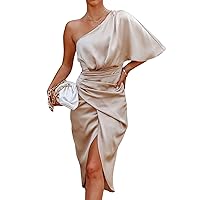 CUPSHE Women's Satin Dress Backless One Shoulder Short Sleeves Midi High Low Hem Cocktail Party Dress