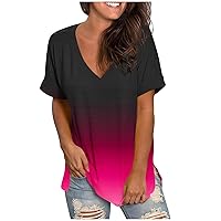 Women's Tshirts Casual V Neck Short Sleeve T Shirts Loose Fitting Summer Tees Basic Tunic Tops Fashion Gradient Blouse