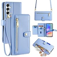 Crossbody Flip Wallet Phone Case Cover for Galaxy S24+ / S24 Plus with Card Holder Kickstand Soft PU Leather Wrist Shoulder Strap Compatible with Samsung Galaxy S24+ / S24 Plus for Women Men Blue