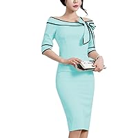 Women 2/3 Sleeve Boat Neck Bow Tie Business Dresses
