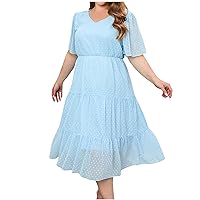 Womens Summer Plus Size Chiffon Dresses Fashion Flutter Sleeve Polka Dot Dress Sexy V Neck Flowy Wedding Guest Dress