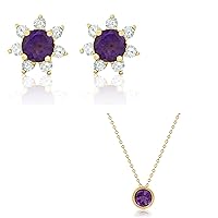 MAX + STONE 14k Yellow Gold Amethyst and Diamond Flower Halo Stud Earrings and Round Pendant Necklace Set for Women | 4mm Birthstone Earrings | 7 mm Pendant on 18 Inch Cable Chain Bezel Set