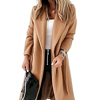 Womens Classic Coat Lapel Collar Open Front Belted Long Jacket