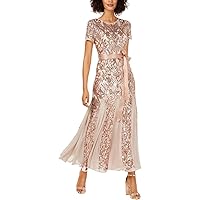 R&M Richards Womens Beige Sequined Belted Patterned Short Sleeve Jewel Neck Midi Evening Fit + Flare Dress Petites 8P