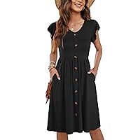 WNEEDU Women Summer Dresses Sleeveless Casual Loose Swing Button Down Midi Dress with Pockets