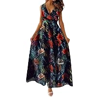 Women's 2024 Summer Casual Dress Spaghetti Strap Square Neck Smocked Flowy A Line Floral Beach Long Maxi Sun Dresses