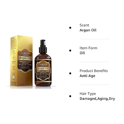 VoilaVe USDA and ECOCERT Pure Organic Moroccan Argan Oil for Skin, Nails & Hair Growth, Anti-Aging Face Moisturizer, Cold Pressed, Hair Moisturizer, Rich in Vitamin E, As Seen On TV - 4 fl oz