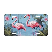 Tropical Flamingos License Plate Cover Car Front License Plates with 4 Holes Stainless Steel Metal Car Plate Tag Funny Novelty Vanity Tag Screw Decorative Men Women