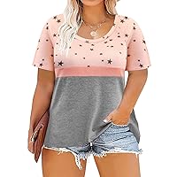 RITERA Plus Size Tops for Women Color Block Star Print Shirts Pink Tee Short Sleeve Blouses Summer Casual Tunic Spring Star-Grey 5XL
