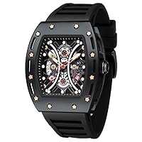 Watches for Men Luxury Skeleton Tonneau Watch for Men Waterproof Adjustable Silicone Strap Steampunk Style Chronograph Calendar Date Business Luminous Cool Large Square Dial Wrist Watch