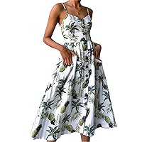 Women Casual Bohemian Floral Dresses Spaghetti Strap Long Summer Swing Dress Strappy Backless Maxi Dress with Pockets