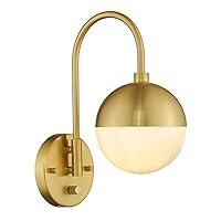 LMS Modern Wall Lamp with White Globe Glass, Gold Wall Sconce Wall Light with Brushed Brass Finished for Bedroom Bathroom Living Room, Dimmable Switch