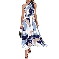 BTFBM Women's Sleeveless One Shoulder Dress Resort Outfits Casual Summer Maxi Sundress Print Belted Long Flowy Dresses