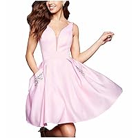 Women's Satin A-Line Beaded Homecoming Dresses V Neck Short Prom Party Gown Pockets