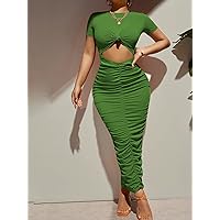 Dresses for Women Women's Dress Cut Out Knot Front Ruched Bodycon Dress Dresses (Color : Green, Size : Medium)