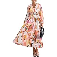 Women's 2024 Fall Boho Maxi Dress Casual Long Sleeve V Neck Printed Beach Long Flowy Dresses (Pink Watercolour,5X-Large,5X-Large)