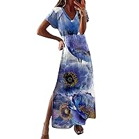 Womens Summer Dresses Ladies Dress V Neck Short Sleeved Dress Color Tie Dye Color Matching Long Slit Dress