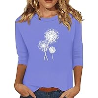 3/4 Sleeve T Shirts for Women Dandelion Graphic O-Neck Casual Blouses Fashion Print Dressy Tops Trendy Boho Clothes