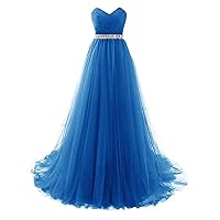 Blue Strapless Prom Dress Tulle Princess Evening Gowns with Rhinestone Beaded Belt Size 20W